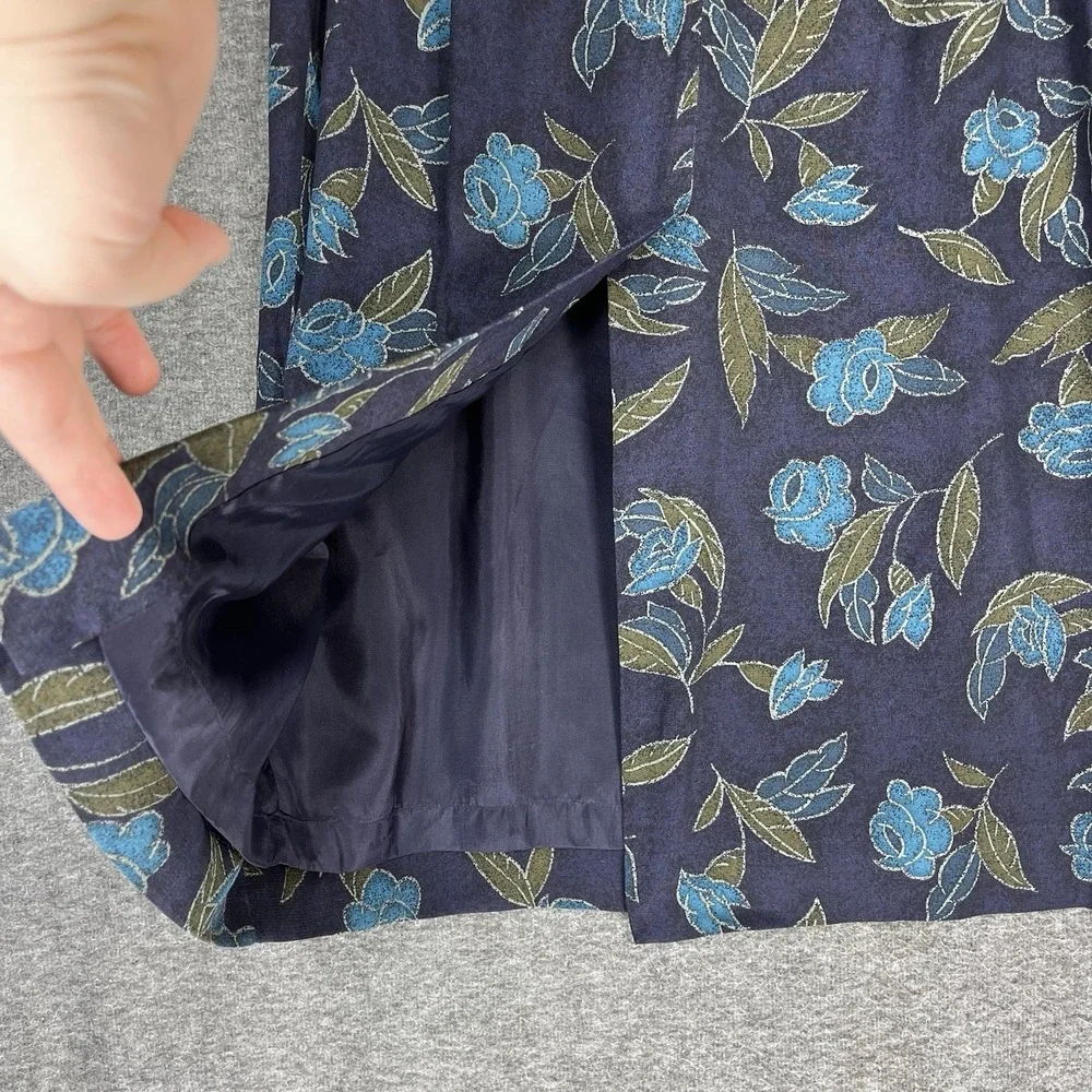 Vintage Rena Rowan Maxi Skirt 14W Blue Floral Straight Lined Slit Modest 90s